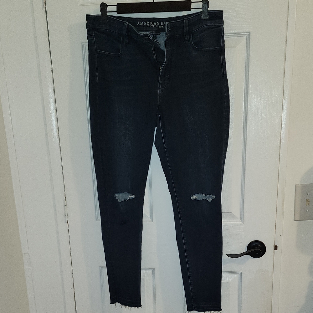American Eagle Outfitters Women's Dark Blue Ripped Skinny Jeans